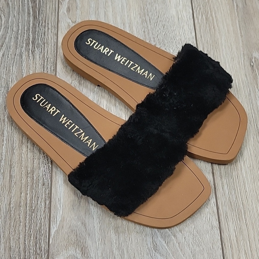 Stuart Weitzman Size 5 1/2 Black Shearling Cammy Slide Sandal NEW